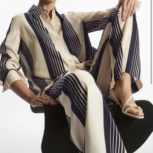 COS Women's Navy & Cream Striped Wide-Leg Set with Blouse and Pants